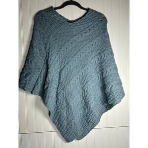 Aran Sweater Market Poncho One Size Cable Knit Blue Misty Marl 100% MERINO WOOL